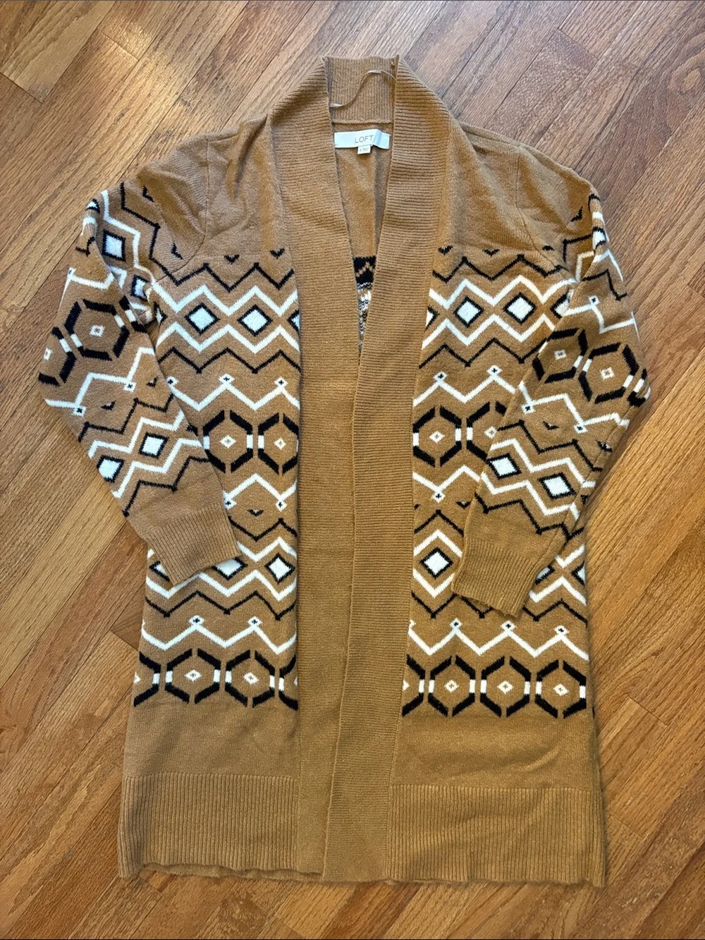 LOFT Camel Geometric Open-Front Cardigan